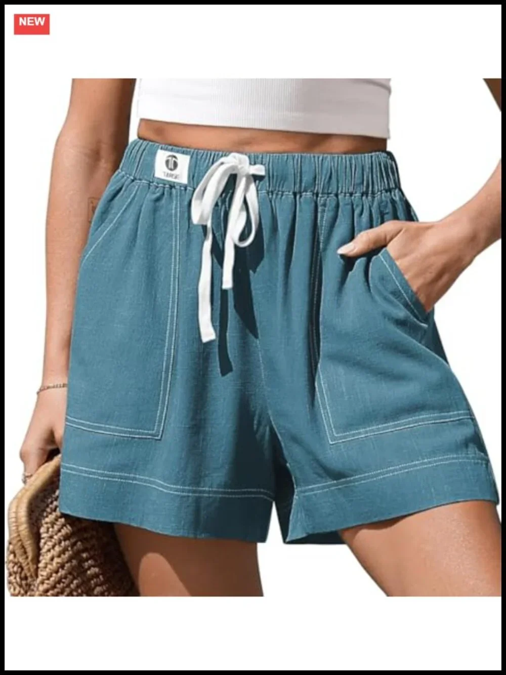 Women's Linen Blend Wide Leg High Rise Shorts with Drawstring & Pockets